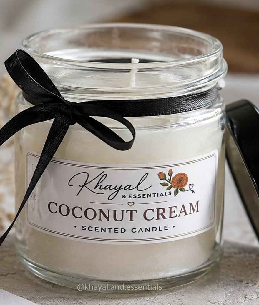Coconut Cream ivory scented candle tied with a black satin ribbon