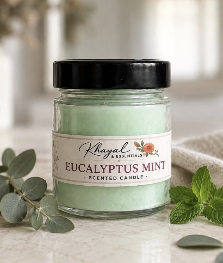 Eucalyptus Mint sage-green scented candle with eucalyptus leaves and fresh mint