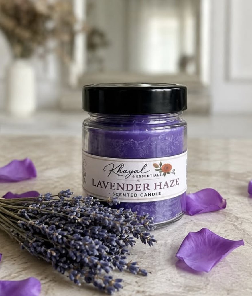 Lavender Haze purple scented candle beside dried lavender and petals